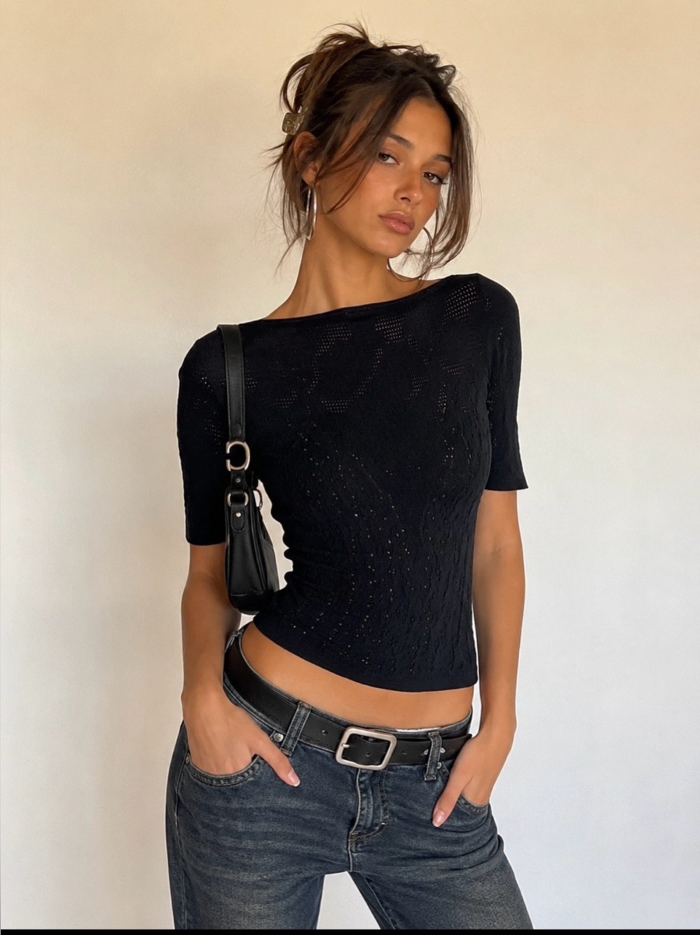 Wolford bodycon Black Knit Short Sleeve Top medium